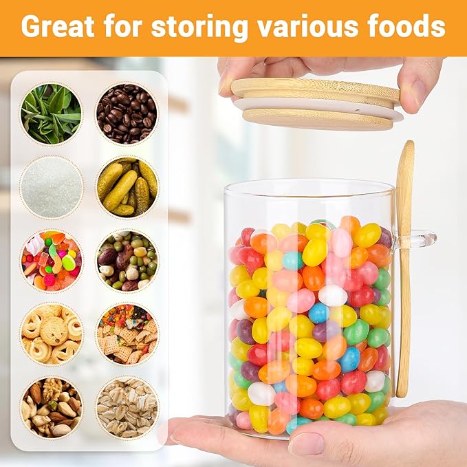 Glass Jar with Bamboo Lids and Spoon - 6 Pack 18 Fl.oz Round Food Storage Containers, Includes Labels and Marker, Airtight Tea Canister Pantry Jars for Sugar, Ground Coffee, Oats, Meal Prep