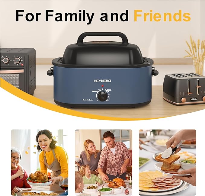Roaster Oven 28 Quart, Electric Roaster Pan with Visible & Self-Basting Lid, Large Stainless Steel Electric Turkey Roaster Oven Defrost Warm Function, Removable Pan Rack, Fits Turkeys Up to 30LB, Blue
