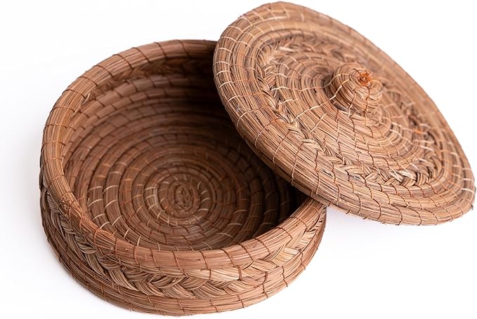 Authentic Mexican Tortilla Warmer Basket - Pine Needle Handwoven with Handloomed Cloth (Natural 7" w cloth)
