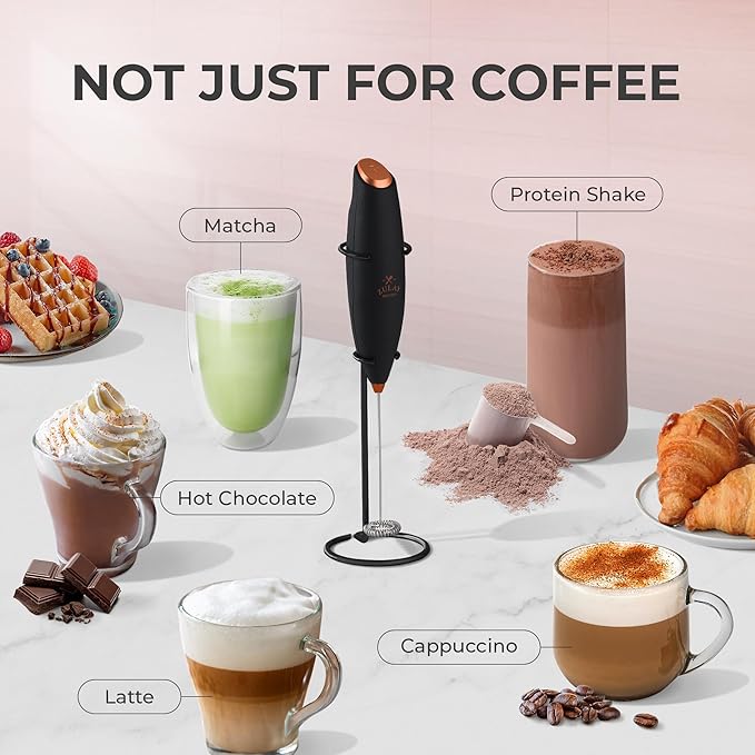 Zulay Kitchen Powerful Milk Frother Wand With 4 AA Duracell Batteries - Ultra Fast Handheld Drink Mixer - Electric Whisk Foam Maker for Coffee, Lattes, Cappuccino, Matcha & Creamer - Black Copper
