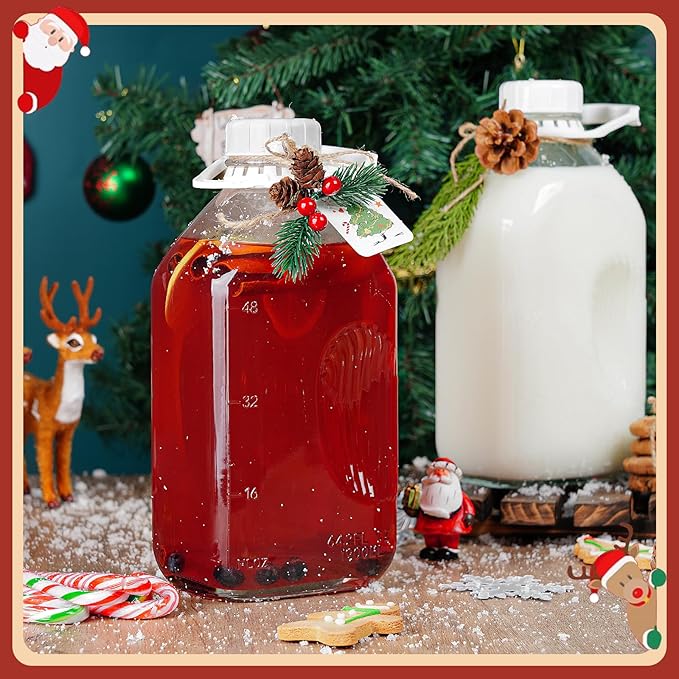 Ritayedet 3 Pack 64 Oz Heavy Duty Glass Milk Bottle with 2 Silicone Spouts, 4 Handles and 4 Reusable Airtight SCREW LIDS, 2 Qt Glass Water Bottle with 2 Exact Scale Lines - Milk & Juice Jug Pitcher