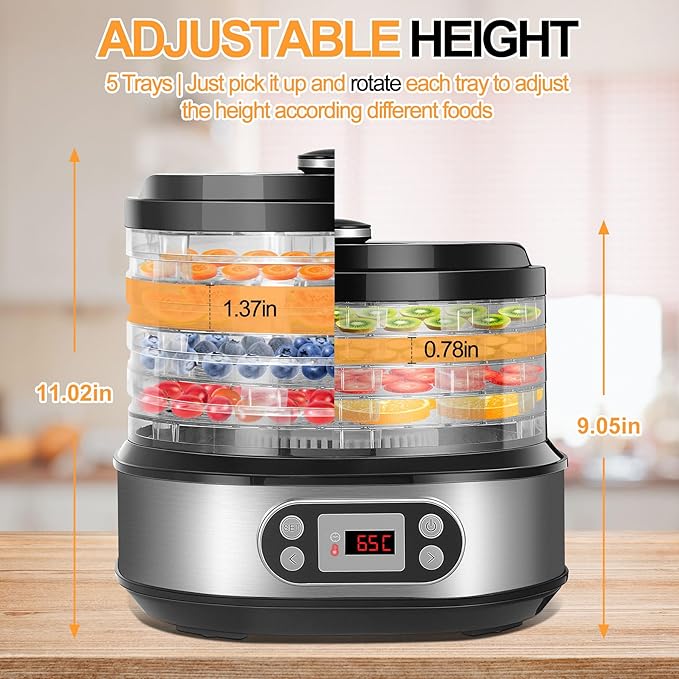 LanAqua Food Dehydrator Machine, 450W Stainless Steel Dehydrator for Food and Jerky with 72H Timer & Adjustable Temperature(95-158°F), Digital Food Dehydrator with 5-Trays for Meat, Fruit, Herbs