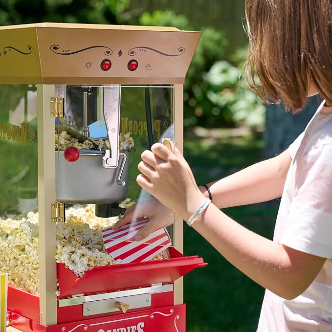 Nostalgia Vintage 8 Ounce Professional Popcorn Cart Makes Up to 32 Cups, Three Storage Candy & Kernel Dispenser Also for Nuts, Chocolate, Measuring Spoons and Scoop Included, Red