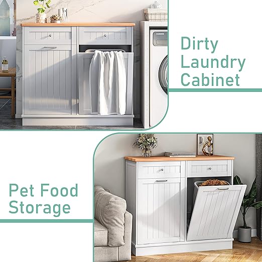TOLEAD Double Tilt Out Trash Cabinet Free Standing 10 Gallon Recycling Trash Can Cabinet for Farmhouse Kitchen,Living Room, Dining Room, White