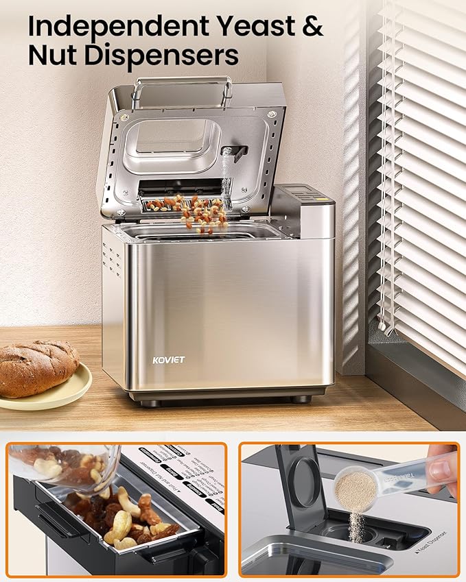 KOVIET 25-in-1 Bread Maker Machine with Automatic Dual Dispenser, 2LB Stainless Steel Breadmaker with Gluten-Free, Dough, Jam, Yogurt etc Settings, Silver