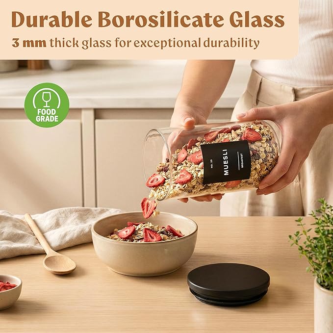 EDELHAUS Glass Storage Containers with Black Lids [Extra Thick Glas] with 54 Labels - Canister For Pantry Noodles Flour Cereal Rice Sugar Tea Coffee Beans - Round Set of 5x