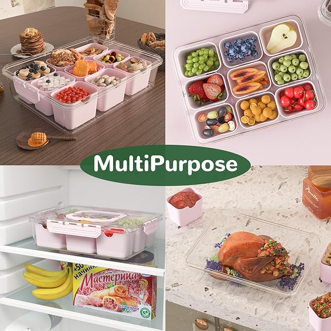 REBECAT Divided Serving Tray with Lid and Handles 9 Compartments Snack Box Container Charcuterie Organizer Snackle Box Container for Candy,Nuts，Fruits,Snacks,2 Pack,Pink