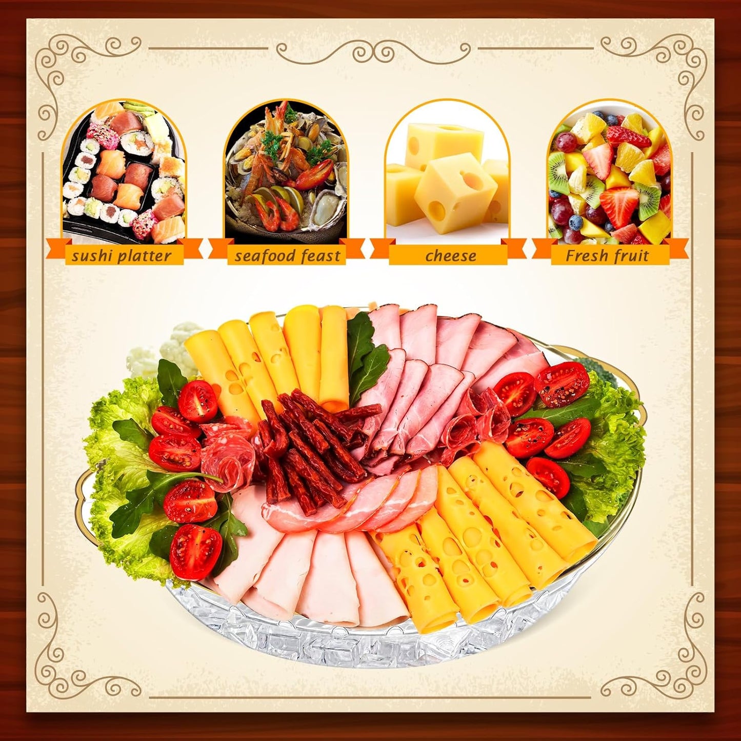 Baderke 1 Set 11.8" Chilled Serving Tray for Parties with Compartments Ice Chilled Party Platter Charcuterie Serving Board Cold Dish Dip for Fruit Seafood Vegetable Shrimp Cocktail (Gold)