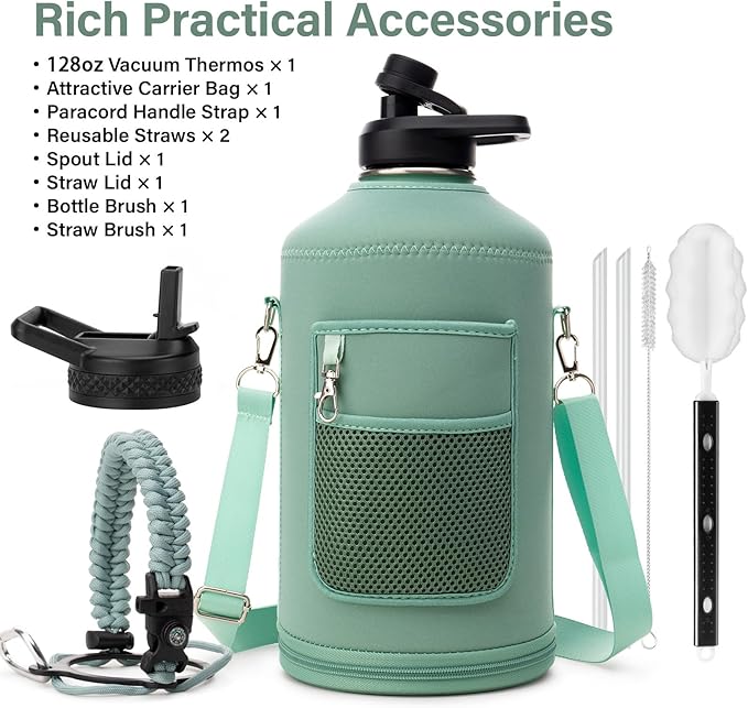 DYSANKY 1 Gallon Water Bottle Insulated | Thickened Stainless Steel Vacuum Metal Water Jug | Portable Sports Large for Gym and Hiking with Straw, Carrier Bag, Handle Strap | BPA-Free 128 oz