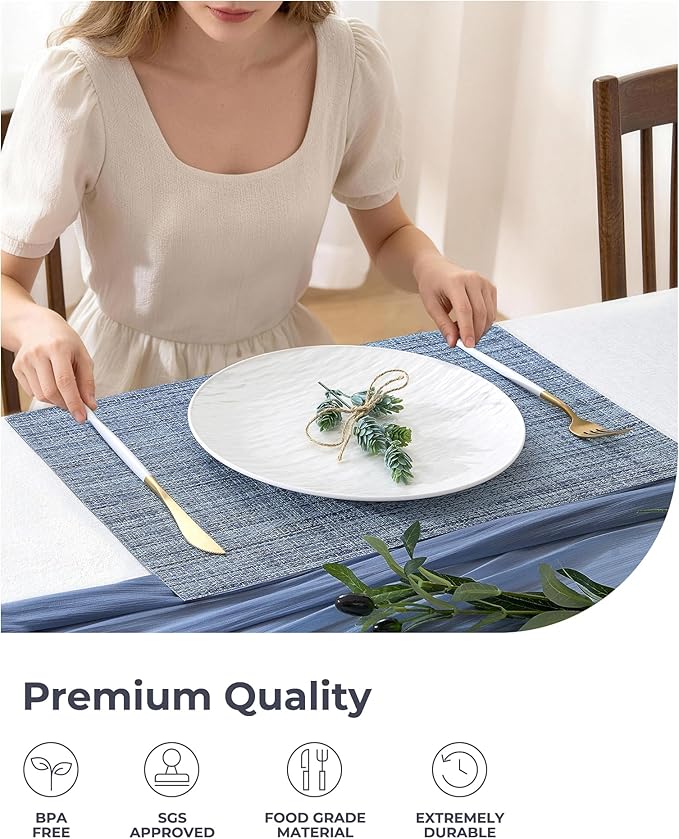 Leetaltree Deep Navy Woven Placemats Set of 8 - Heat Resistant Non-Slip Place mats for Dining Table, Washable Durable PVC Vinyl Woven Table Mats(Deep Navy, 8)