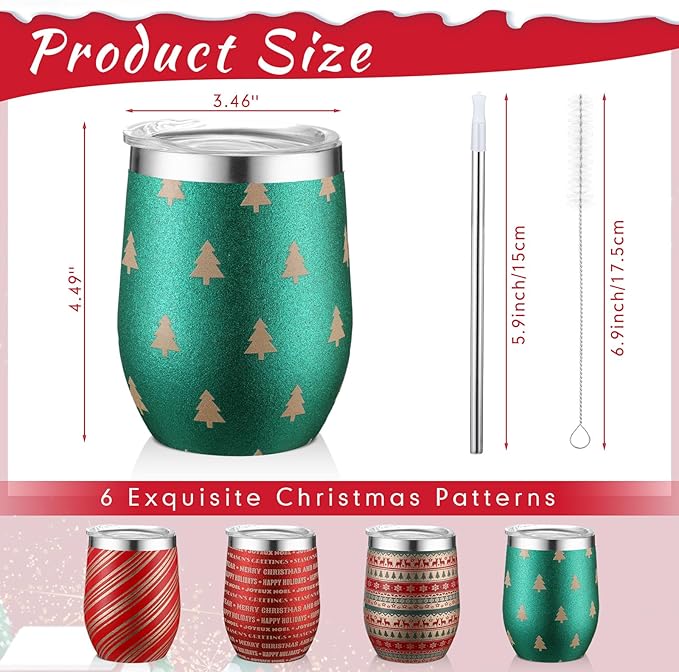 Sliner 4 Pack Pack Christmas Glitter Tumbler Bulk, 12 oz Holiday Wine Tumbler Set Stainless Steel Insulated Sparkling Glitter Cup with Lids Straws and Brushes Travel Mug Xmas Gift (Retro Style)