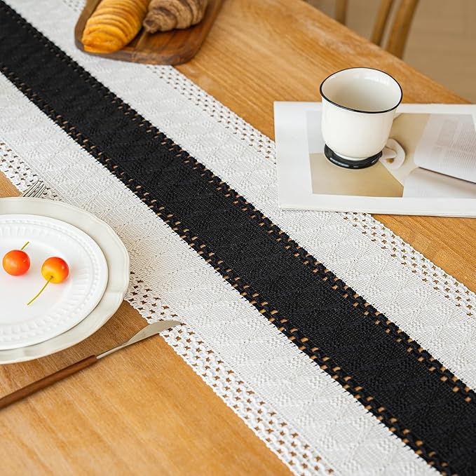 FEXIA Boho Table Runner for Home Decor with Tassels 36 Inches Long,Black Farmhouse Rustic Table Runner Macrame Burlap Table Decoration for Living Room Bridal Shower(12x36 Inches)