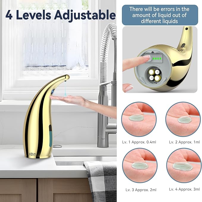 Automatic Soap Dispenser with Infrared Sensor - Adjustable 4-Level Touchless Hand Soap for Kitchen, Bathroom - Battery Operated Electric Dispenser, Durable Plastic, Smart Soap Holder (Gold)
