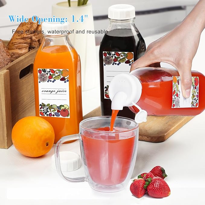 4 Pack 1 Liter Glass Milk Bottles w Scale, 100% Airtight Heavy Duty Screw Lid - 32 Oz Drinking Jars w 2 Pour Spouts - Glass Bottles for Milk, Honey, Jam, Creamer - Dishwasher Safe(Extra 2 Lids)