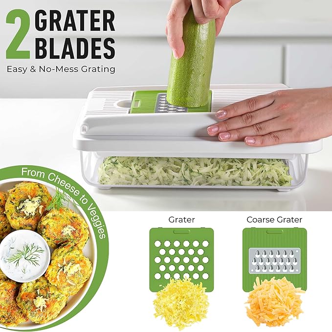 Mueller Vegetable Chopper, Mandoline Slicer, Food Veggie Chopper, Cheese Grater, Onion Vegetable Cutter with Container, Dicer, Kitchen Gadgets & Essentials, White Sand/Green