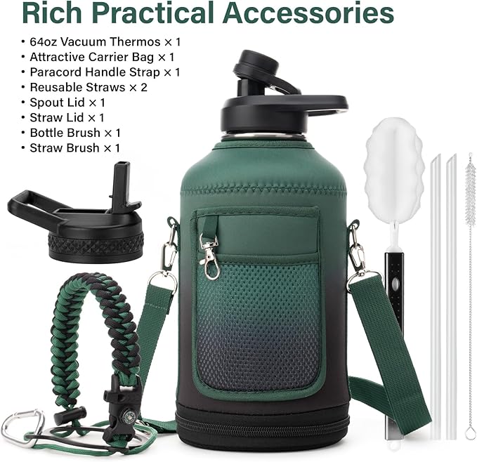 DYSANKY Insulated Water Bottle | Thickened Stainless Steel Vacuum Metal | Portable Sports Half Gallon Large Water Jug for Gym and Hiking with Straw, Carrier Bag, Handle Strap | BPA-Free 64 oz