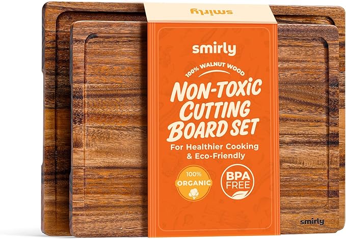 SMIRLY Walnut Wood Cutting Boards for Kitchen, Set of 2 Large - Small, Walnut Wooden Cutting Board Set with Deep Juice Grooves, Non Toxic Serving Tray