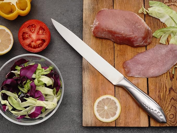 8 Inch Slicing Knife, German High Carbon Stainless-Steel Blade and Full Tang Handle, Super Sharp Slicer Knife for Carving Slicing Cutting of Meat Vegetables and Fruits-Silver