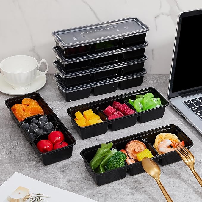 Hushee 25 Pack 17 oz Small Meal Prep Containers with 3 Compartments Snack Containers with Lid Disposable Plastic Bento Box Travel Lunch Food Boxes Stackable for Office Picnic (Black)