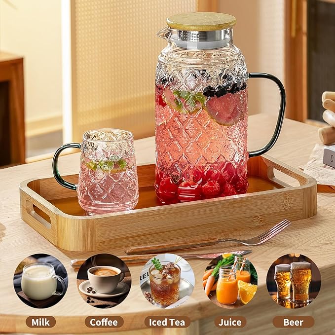 Buaic Glass Pitcher with Lid, 2 PACK 68 oz/2 Liter Vintage Water Pitcher With Serving Tray, Clear Borosilicate Glass Water Carafe for Cold Brew, Coffee, Lemonade, Iced Sun Tea,Beverage, Heat Resistant