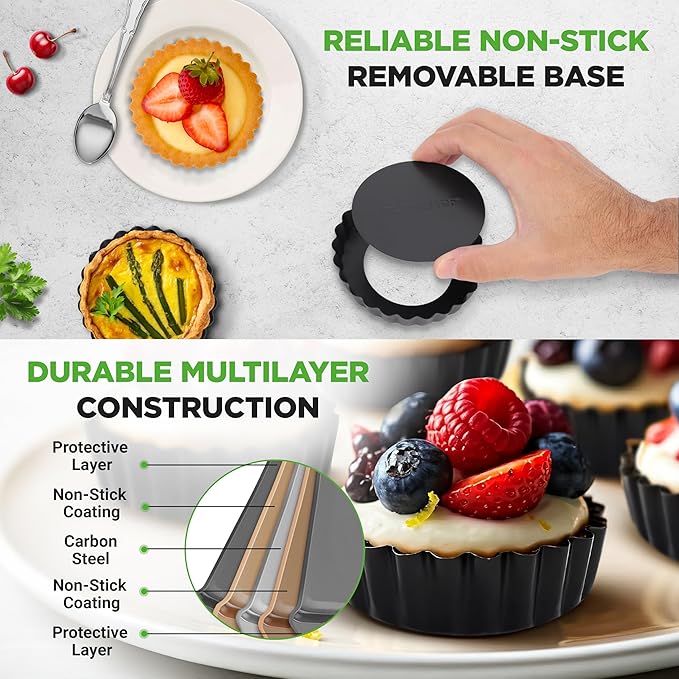 NutriChef 10-Piece Nonstick Mini Tart Pans with Removable Bottom - Heavy Duty 4 Inch Steel Quiche Pans, Oven & Dishwasher Safe, Fluted Side for Sweet & Savory Foods - Includes 200pcs Parchment Paper