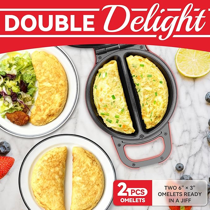 SugarWhisk Flip Omelette Maker Electric, Omelette Pan Nonstick for 2 Individual 6.5" Omelets, Cooking Gadgets for Home, Omelet Maker with Ceramic Coating, Red