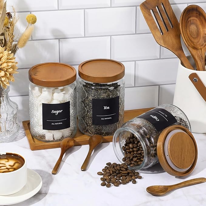 3 Pack 24 oz Glass Coffee Container with Wooden Tray Lid Spoon Labels Clear Airtight Glass Jar Food Storage Kitchen Canisters Set Decorative Coffee Bar Containers for Sugar Candy Tea Flour