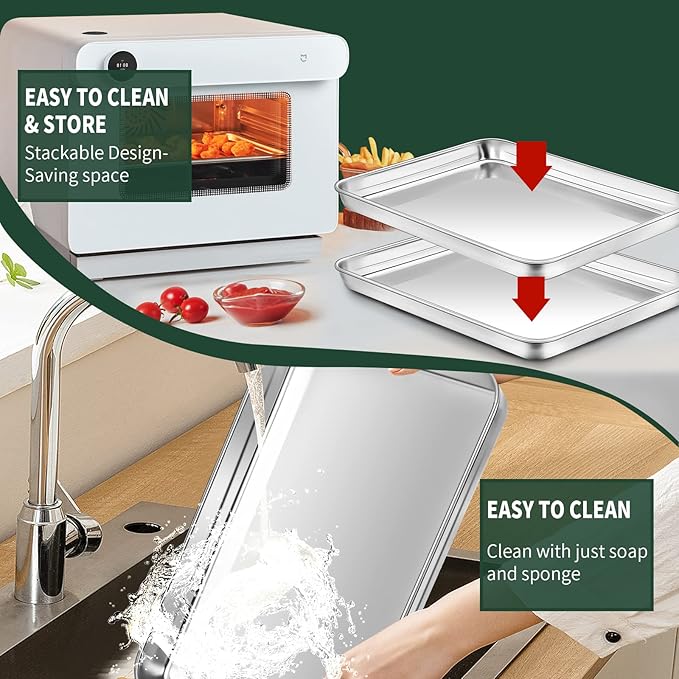 Small Baking Sheet with Rack Set [2 Cookie Sheets + 2 Baking Racks], CEKEE Stainless Steel Small Baking Pan and Grill Rack - Rust & Warp Resistant & Nonstick, Size 9.33 x 6.96 x 1 Inch