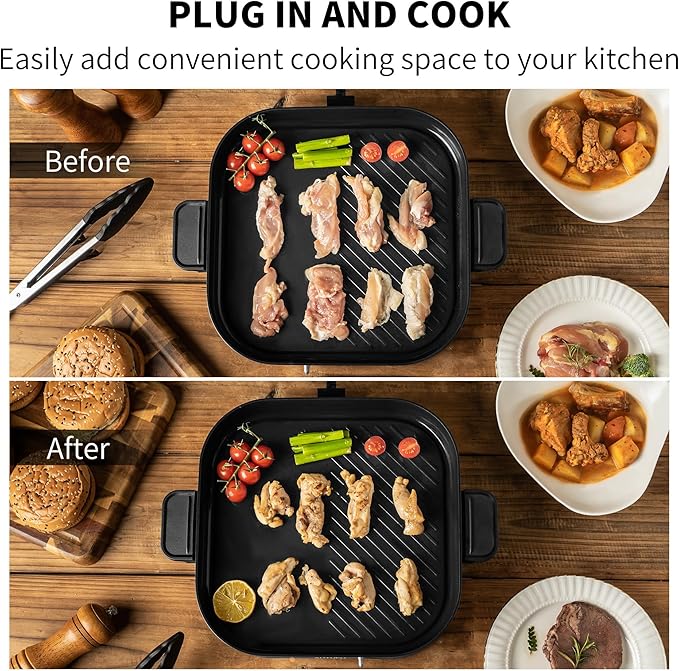 AUTUCU T2NA 2-in-1 Electric Griddle Nonstick Flat Grill, PFOA-Free Ceramic-Coated Surface | Easy to Clean, 1200W, Square 11.3" (Includes Tongs)