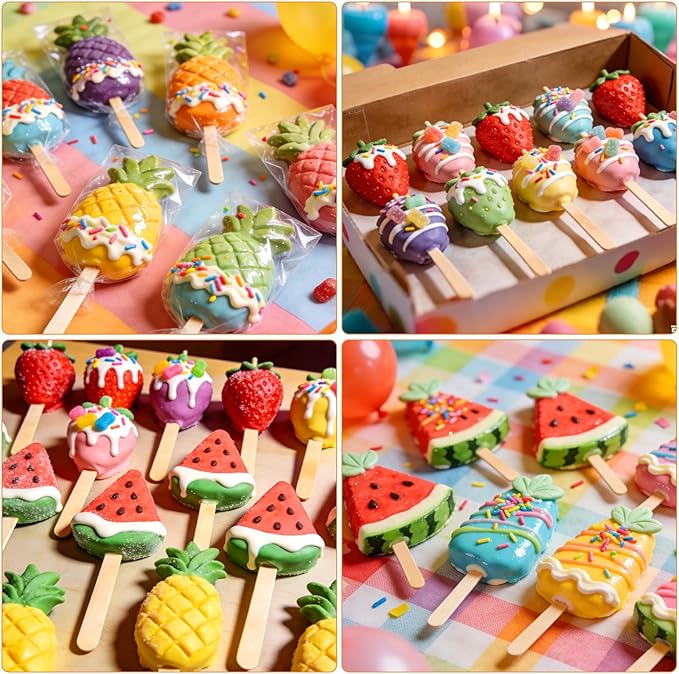 Juome Cake Pop Mold Kit, 6 Cavities Fruit Shape Cakesicle Molds Silicone with 100 Wooden Sticks&100 Packaging Bags with Ties, Cake Pop Maker Supplies Accessories, Baking Tools for Home Baking Desserts