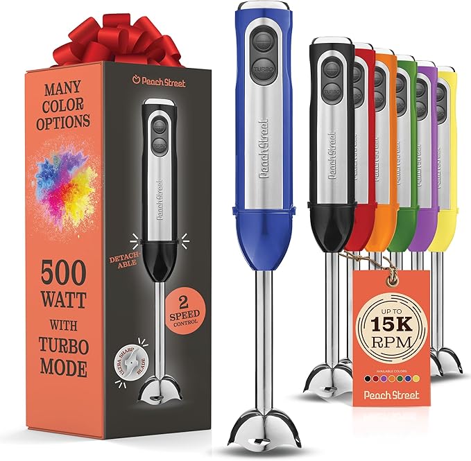 Powerful Immersion Blender, Electric Hand Blender 500 Watt with Turbo Mode, Detachable Base. Handheld Kitchen Blender Stick for Soup, Smoothie, Puree, Baby Food, 304 Stainless Steel Blades