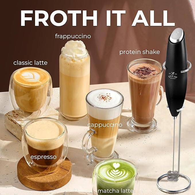 Zulay Kitchen Patented Tornado Triple Whisk Milk Frother with 4 Duracell Batteries – Handheld Foam Maker for Coffee, Lattes, Matcha & Hot Chocolate – Rich, Creamy Froth in Seconds - Obsidian Black