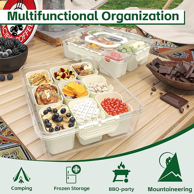 REBECAT Divided Serving Tray with Lid and Handles 9 Compartments Snack Box Container Charcuterie Organizer Snackle Box Container for Candy,Nuts，Fruits,Snacks,2 Pack,Beige