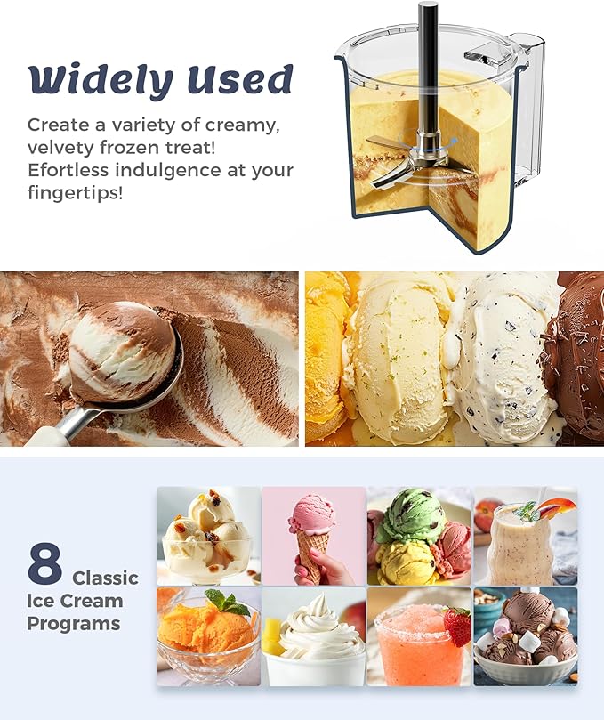 Alcarin Electric Ice Cream Maker Machine for Homemade, Frozen Treat, Gelato, Yorgurt, Sorbet, Mix-in & More, 10 One-Touch Programs with 3 Pints, Keto, Vegan, Dairy-Free Options(Not Freezer)