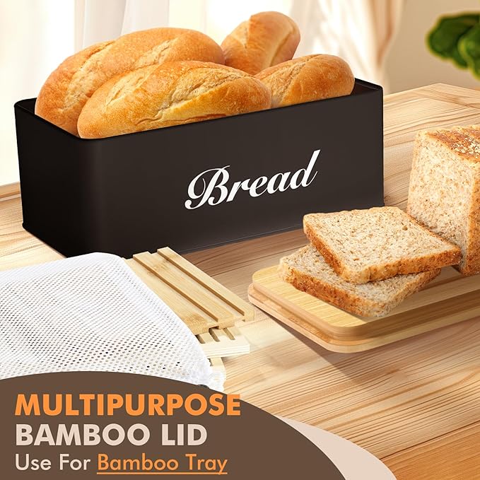 RYTOXILO Bread Slicer with Bread Box, Black Bread Storage Container for Kitchen Countertop with Multifunction Bamboo Lid, 3 in 1 Breadbox for Loaf Slicing & Tray, Bread Holder for Kitchen