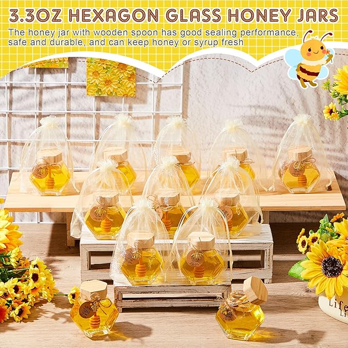 Pickmesh 12 Pcs Hexagonal Glass Honey Jars with Spoon, 3.38 oz Honey Dispenser with Wooden Spoon Bee Charm Thank You Card Organza Bag Mini glass Jars for Baby Shower Wedding Party Favor Decorations