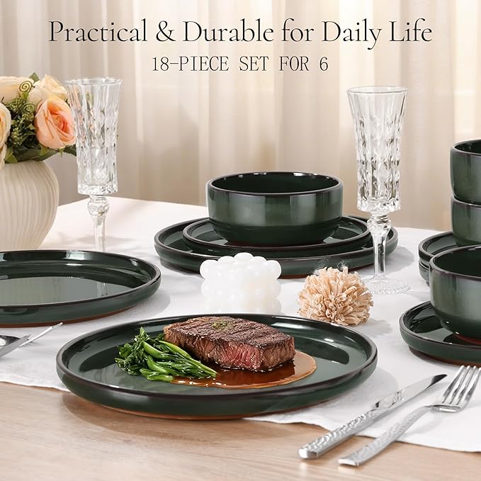 E-far Stoneware Dinnerware Sets for 6, 18 Pieces Reactive Glaze Plates and Bowls Sets, Elegant Dishes with Rustic Terracotta Clay Base, Dishwasher & Microwave Safe, Scratch Resistant, Blackish Green