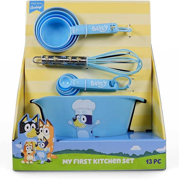 Handstand Kitchen Bluey My First Real Kitchen Tools Set with 1.5 Quart Mixing Bowl, Measuring Spoon Set, Measuring Cup Set and 8.5" Whisk