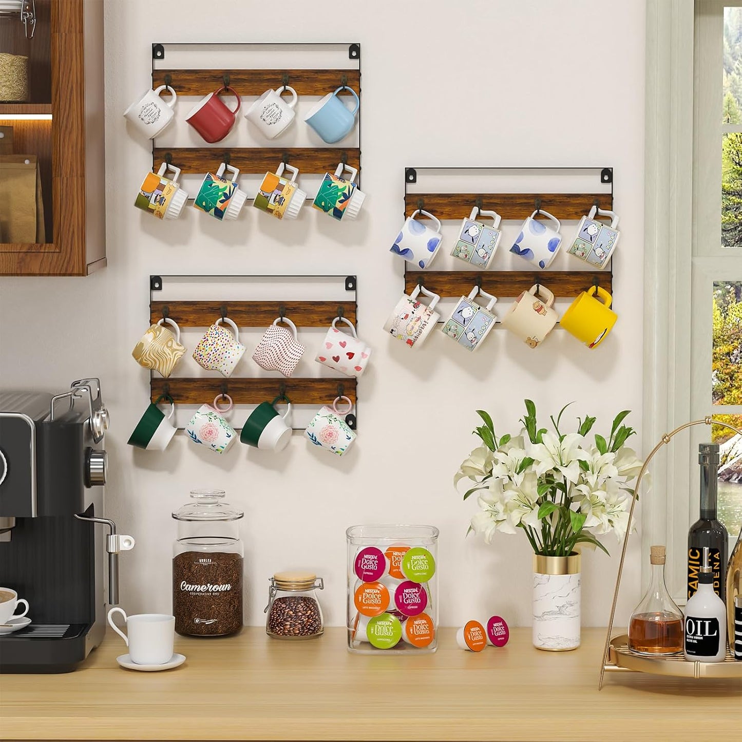 Rustic Wood Coffee Mug Rack - Wall Mount Cup Holder Shelf Storage for Kitchen, Home, Bar, Office (4 Pack, Holds 32 Mugs)