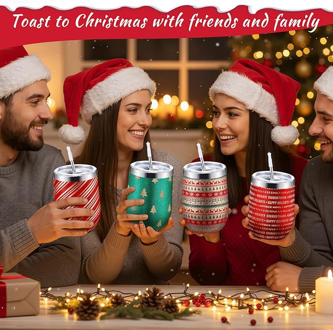 Sliner 4 Pack Pack Christmas Glitter Tumbler Bulk, 12 oz Holiday Wine Tumbler Set Stainless Steel Insulated Sparkling Glitter Cup with Lids Straws and Brushes Travel Mug Xmas Gift (Retro Style)