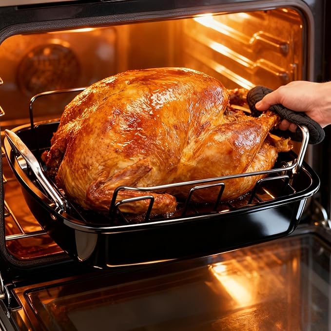 Large Nonstick Roasting Pan with Rack (17x13 Inch) -Turkey Roasting Pan with Wider Handles, Heavy Duty Construction Roaster - Easy Clean for Oven
