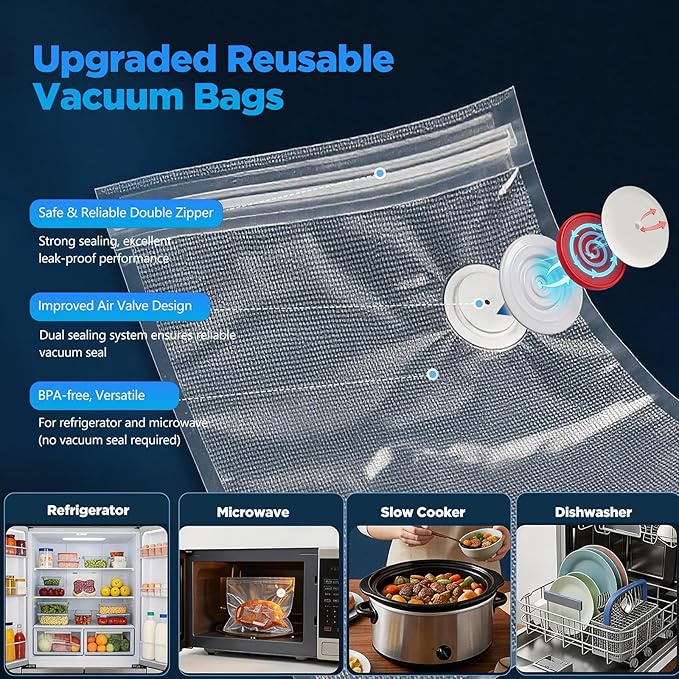Compact Vacuum Sealer for Food with Visible Tank, Handheld Vacuum Sealer Machine, Includes 30 Reusable Bags, Seal Food 6X Fresh Longer, Wireless & Portable, Suitable for Kitchen and Travel, White
