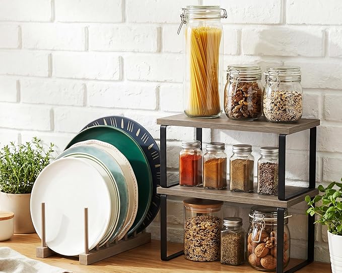 Marsui 4 Pcs Kitchen Organizer Accessories Set Cabinet Organizer Shelf and Bamboo Dish Drying Plate Rack Counter Shelves Storage Holder for Spice Rack, Dish, Pot Lid, Bowl, Cup (Gray)