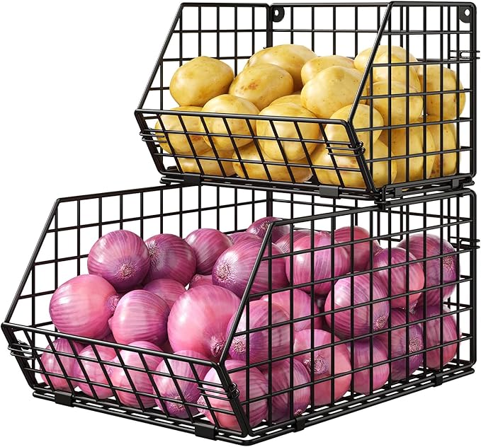 X-cosrack Stackable Wire Baskets for Counter, Fruit and Vegetable Storage, Potato and Onion Storage Bin，Kitchen Pantry Organizer - Wall Basket for Produce/Snack/Can, Large, Black