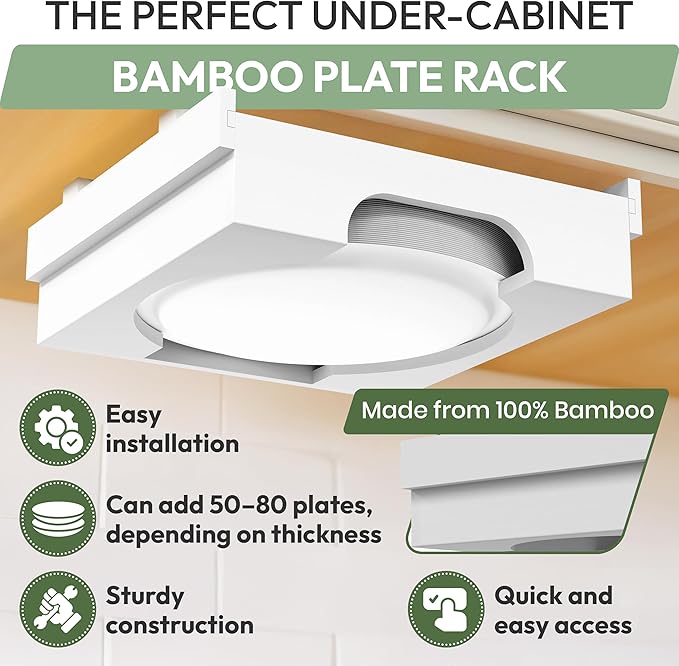 10 inch Paper Plate Dispenser Holder Bamboo Under Cabinet Vertical Rack for Kitchen Countertop Organizer Space Saver Shelf Lid Holder Counter Storage Can Dispenser Pantry Aid Caddy Estante (White)