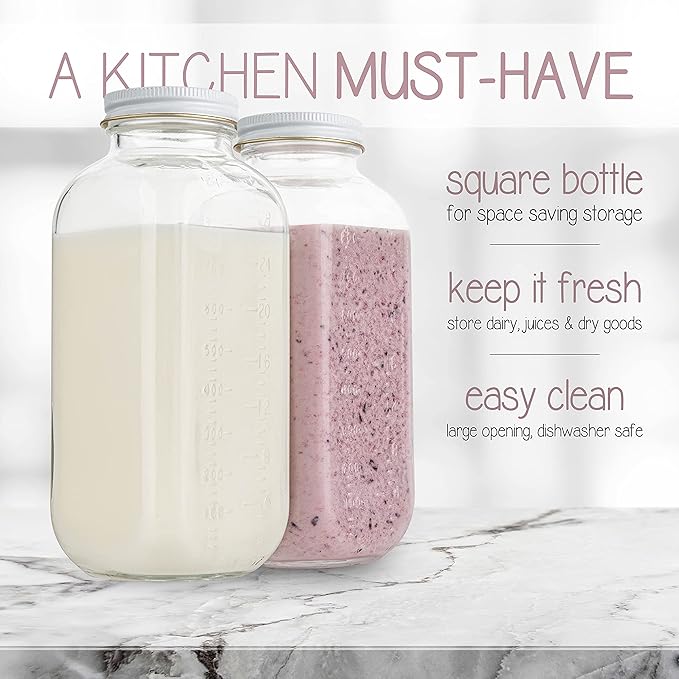 kitchentoolz 32oz Square Glass Milk Bottle with White Metal Airtight Lids - Vintage Reusable Milk Jugs - Dairy Drinking Containers for Milk, Yogurt, Smoothies, Kefir, Kombucha, and Water