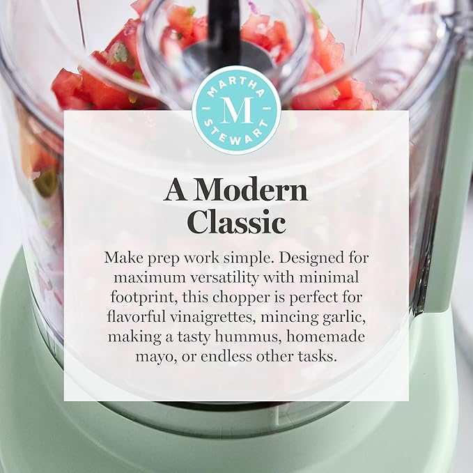 Martha Stewart 3 Cup Electric Food Chopper, Vegetable & Herb Mini Food Processor, 24oz BPA-Free Bowl, Stainless Steel Blades, Pour Spout, Dicing, Mincing, Chop & Puree, Dishwasher Safe, Honeydew