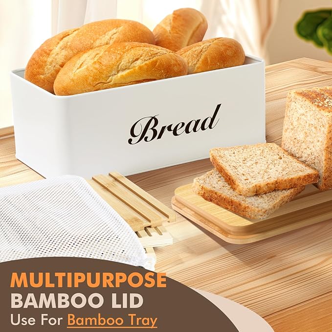 RYTOXILO Bread Slicer for Homemade Bread with Box, White Bread Storage for Kitchen Countertop with 3 in 1 Bamboo Lid, Bread Loaf Slicers Machine with Slicing Guide for Sandwich, Sourdough