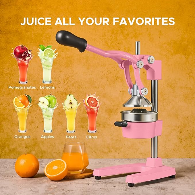 CO-Z Manual Citrus Juicer, Heavy-Duty Manual Juicer with Conical & Flat Pressure Plates, Professional Lemon Squeezer for Orange Pom Lime Lemon Juice, Dishwasher Safe Juice Press, Pink