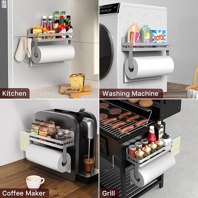 ZUNTO Magnetic Paper Towel Holder for Fridge, Strong Magnet Paper Towel Roll Holder with Spice Shelf and 2 Hooks, No Drilling Kitchen Organizer for Refrigerator, RV, Bathroom, Gray